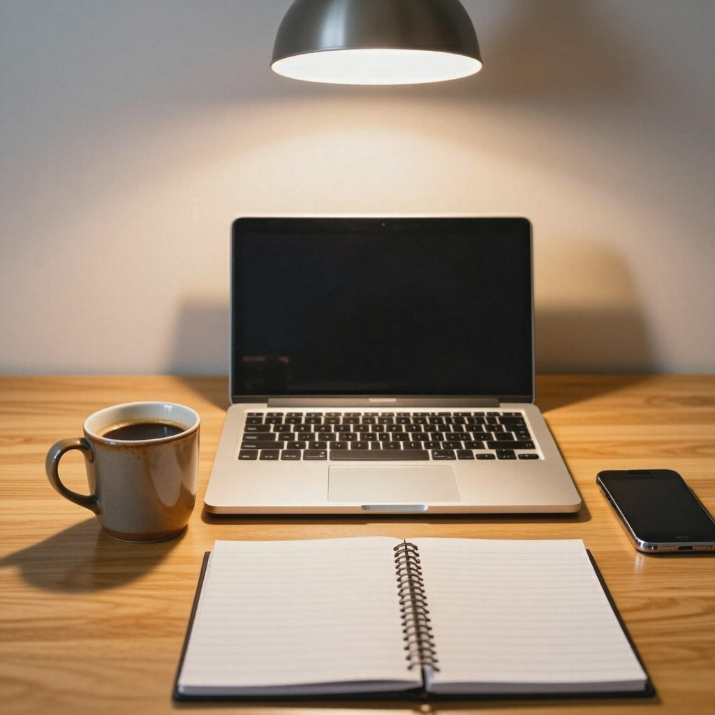 A desk scene: laptop in the center, coffee mug to the left, 