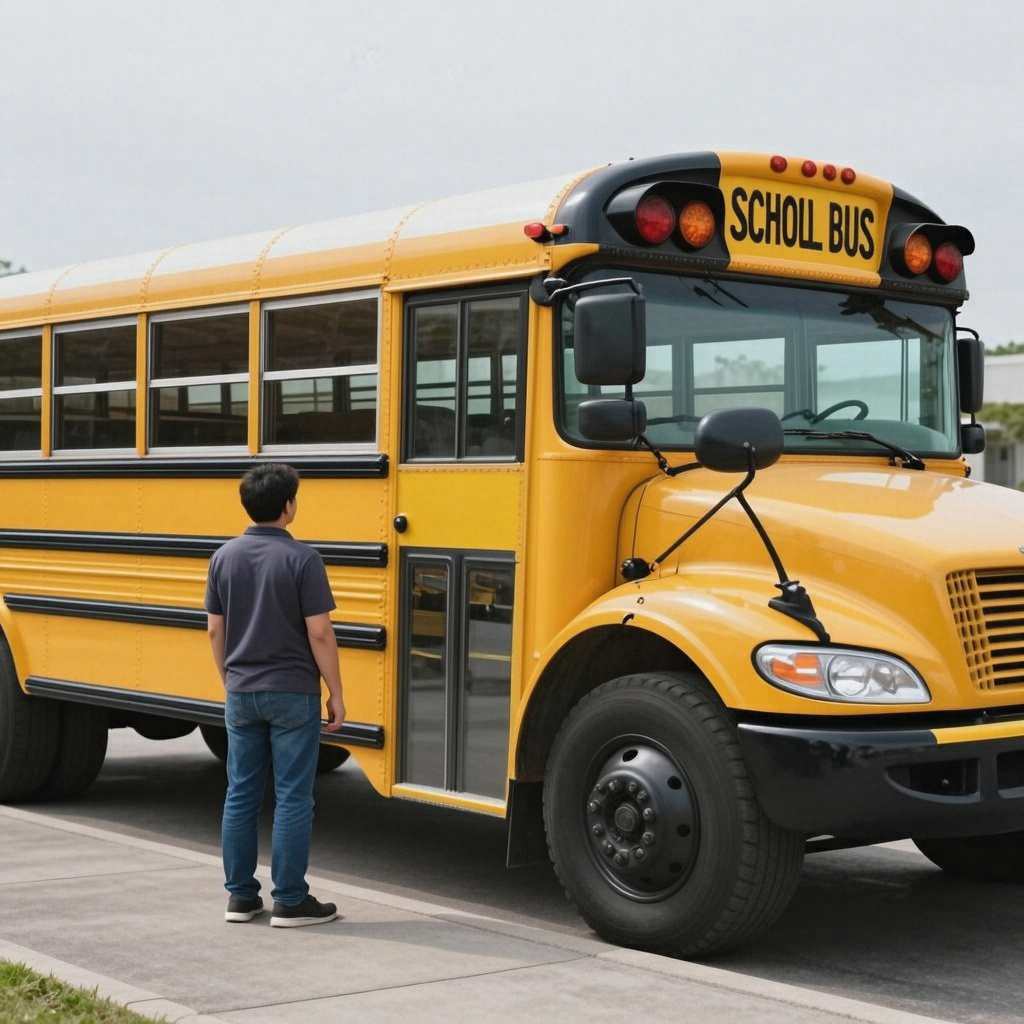 A person standing next to a yellow school bus, showing reali