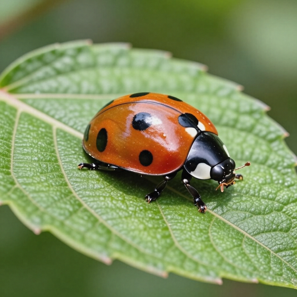 A ladybug sitting on a large green leaf, shown at realistic 