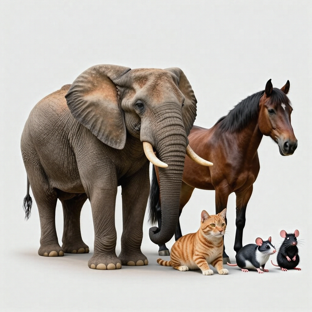 A group photo of an elephant, a horse, a dog, a cat, and a m