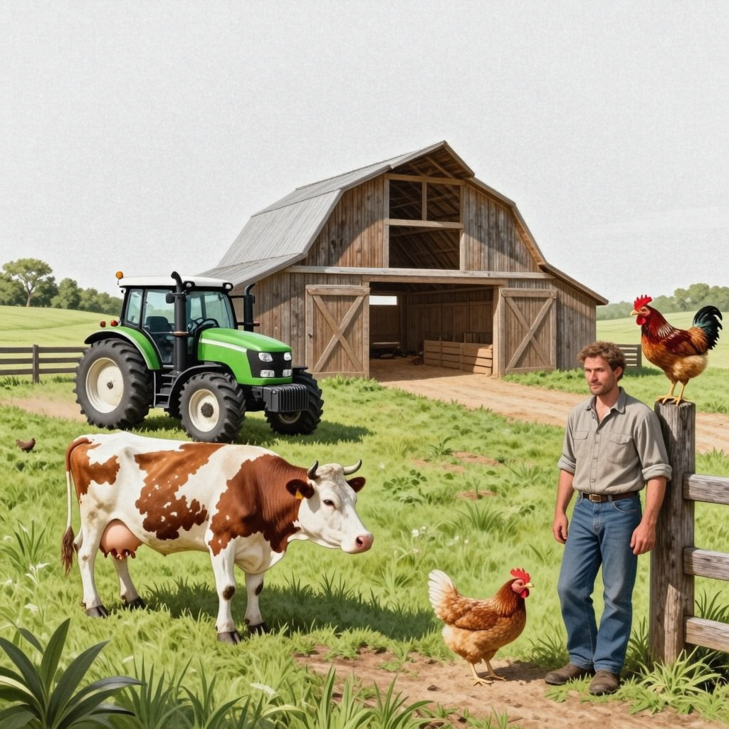 A farm scene with a barn, tractor, farmer, cow, chicken, and
