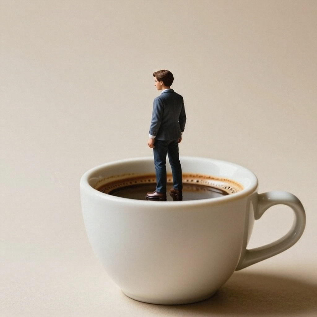 A tiny person standing on the rim of a coffee cup, looking d