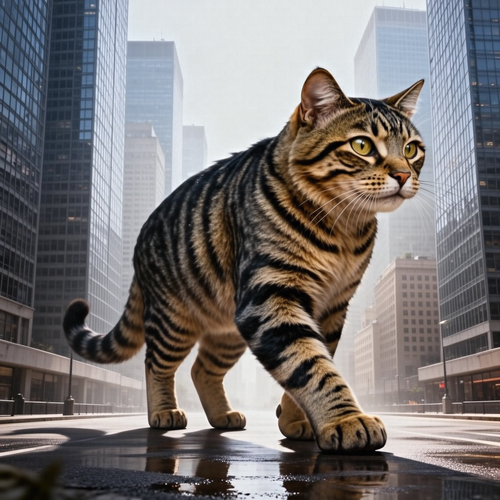 A giant tabby cat walking between city skyscrapers like a ka