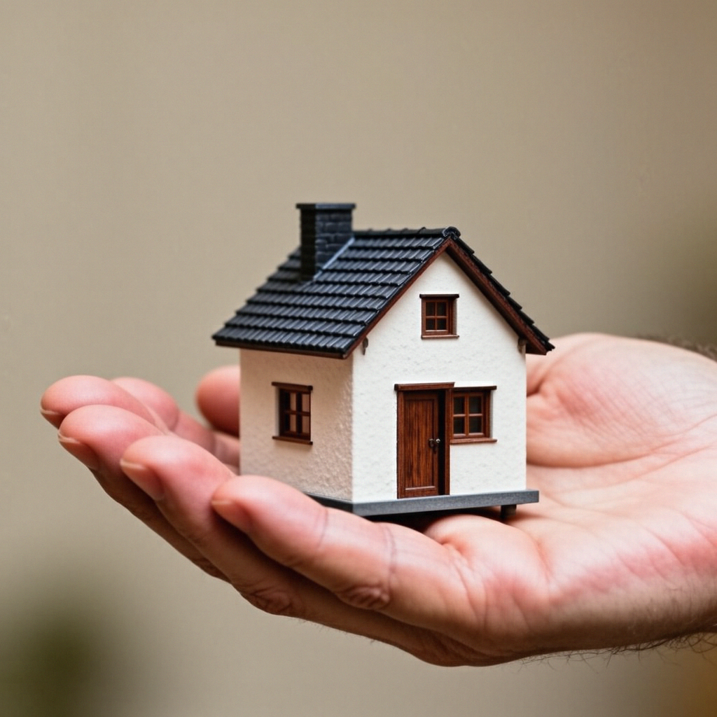 A miniature house sitting on the palm of someone's hand
