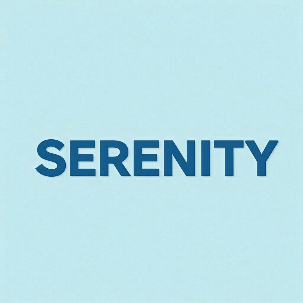 The word 'SERENITY' written large and centered on a solid li