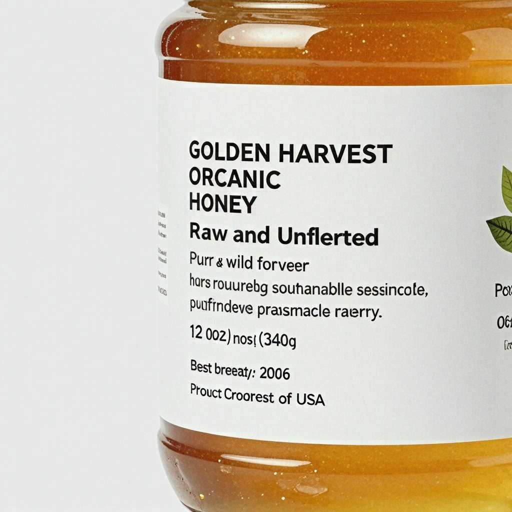 A product label for 'GOLDEN HARVEST ORGANIC HONEY' with subt