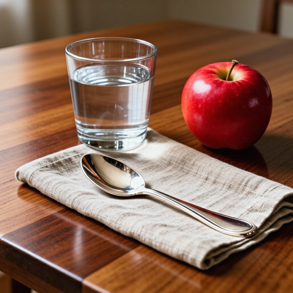 A still life on a wooden table featuring a clear glass of wa
