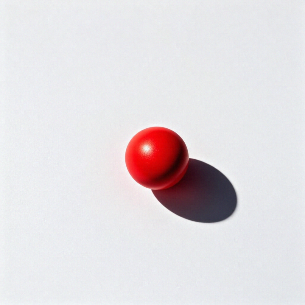 A red sphere on a white surface with a single shadow cast to