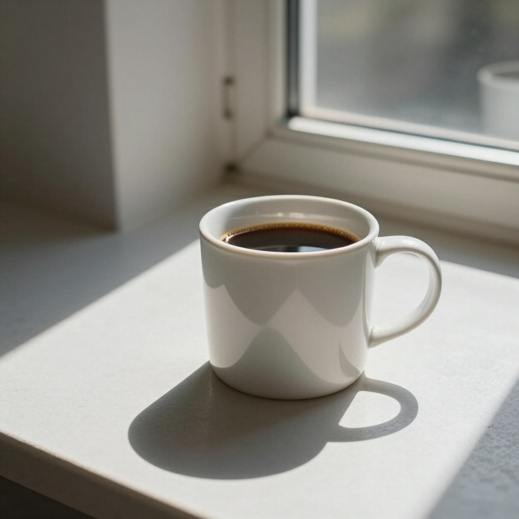 A coffee mug on a sunny windowsill casting a sharp shadow to