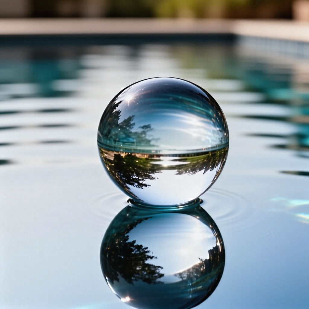 A clear glass sphere sitting on a mirror surface near a pool