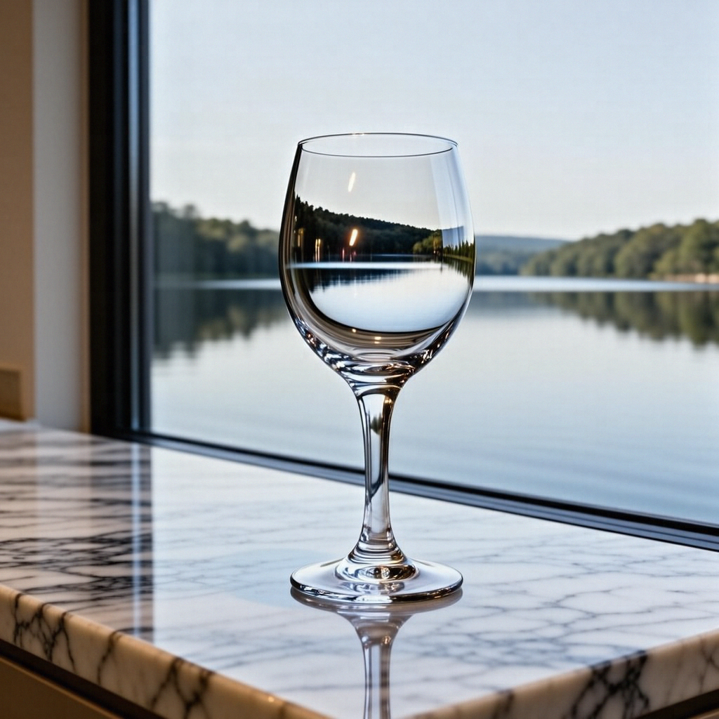 A crystal wine glass on a polished marble counter next to a 