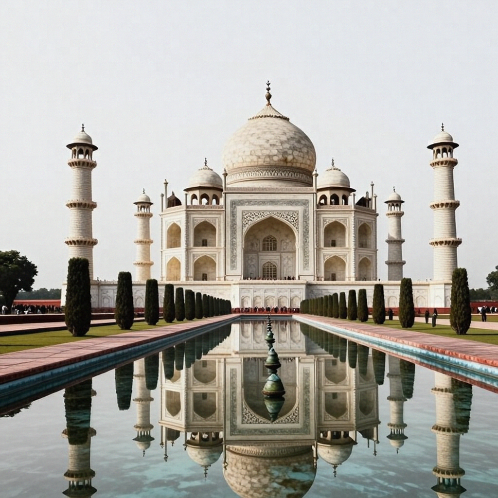 The Taj Mahal in Agra seen from the reflecting pool, with ac