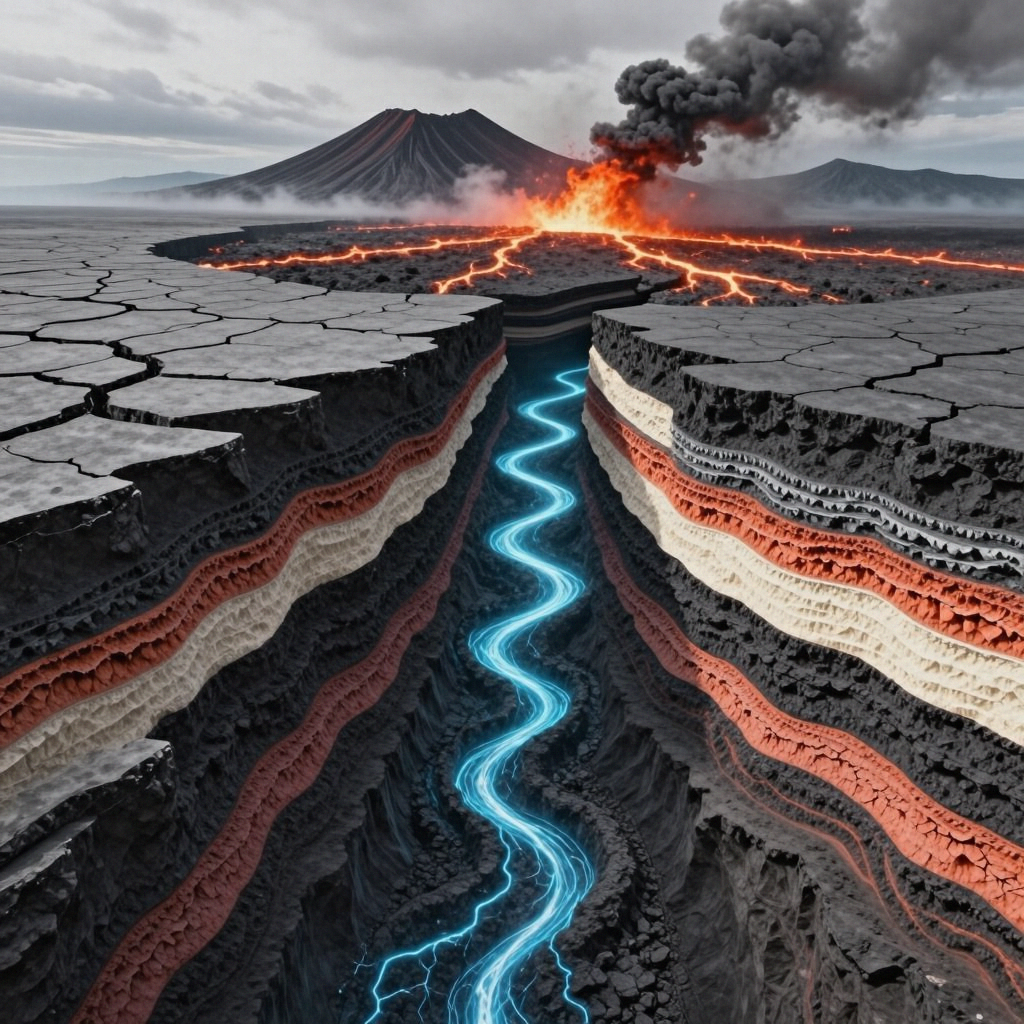 A cross-section showing tectonic plates at a convergent boun