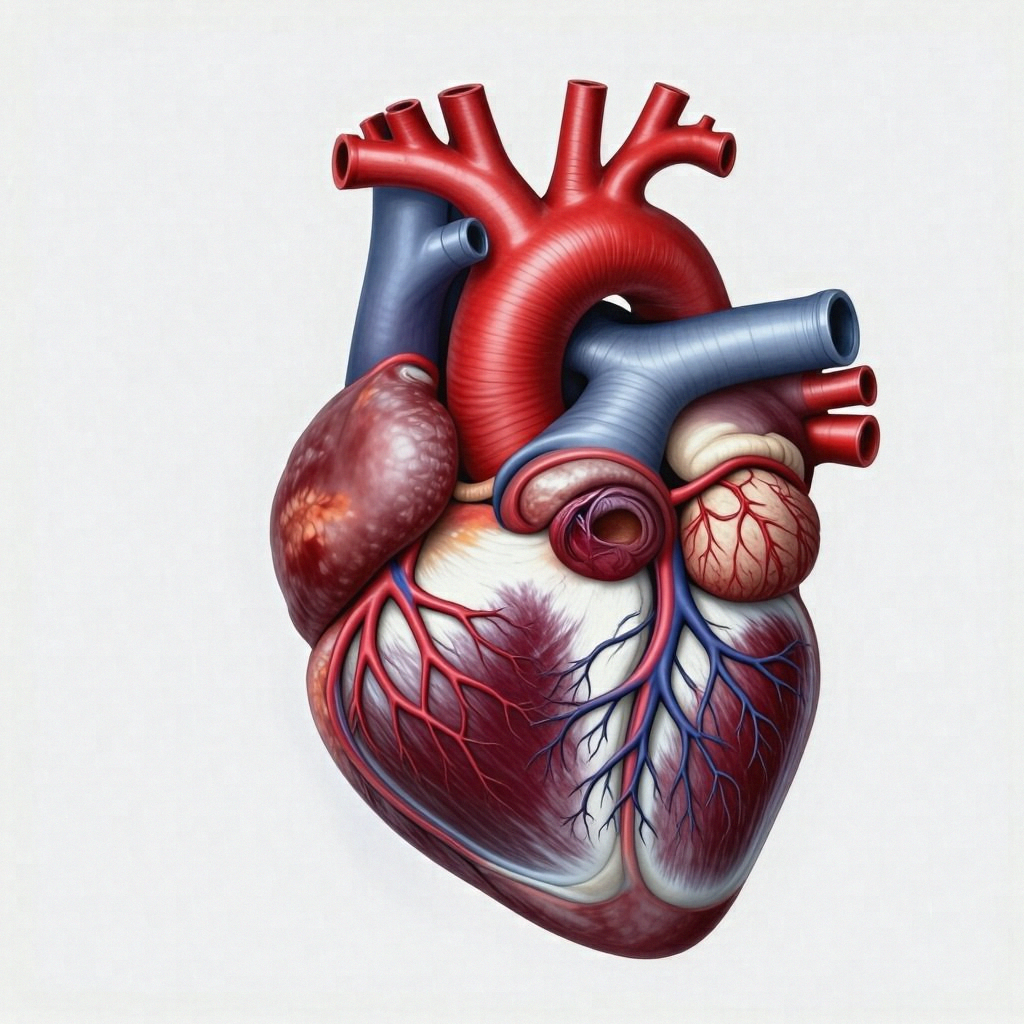 An anatomical illustration of the human heart showing four c