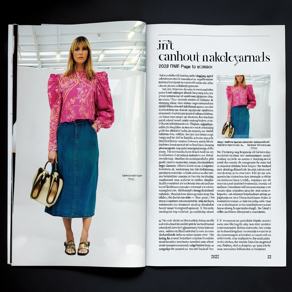 A fashion magazine spread with a full-bleed left-page photo,