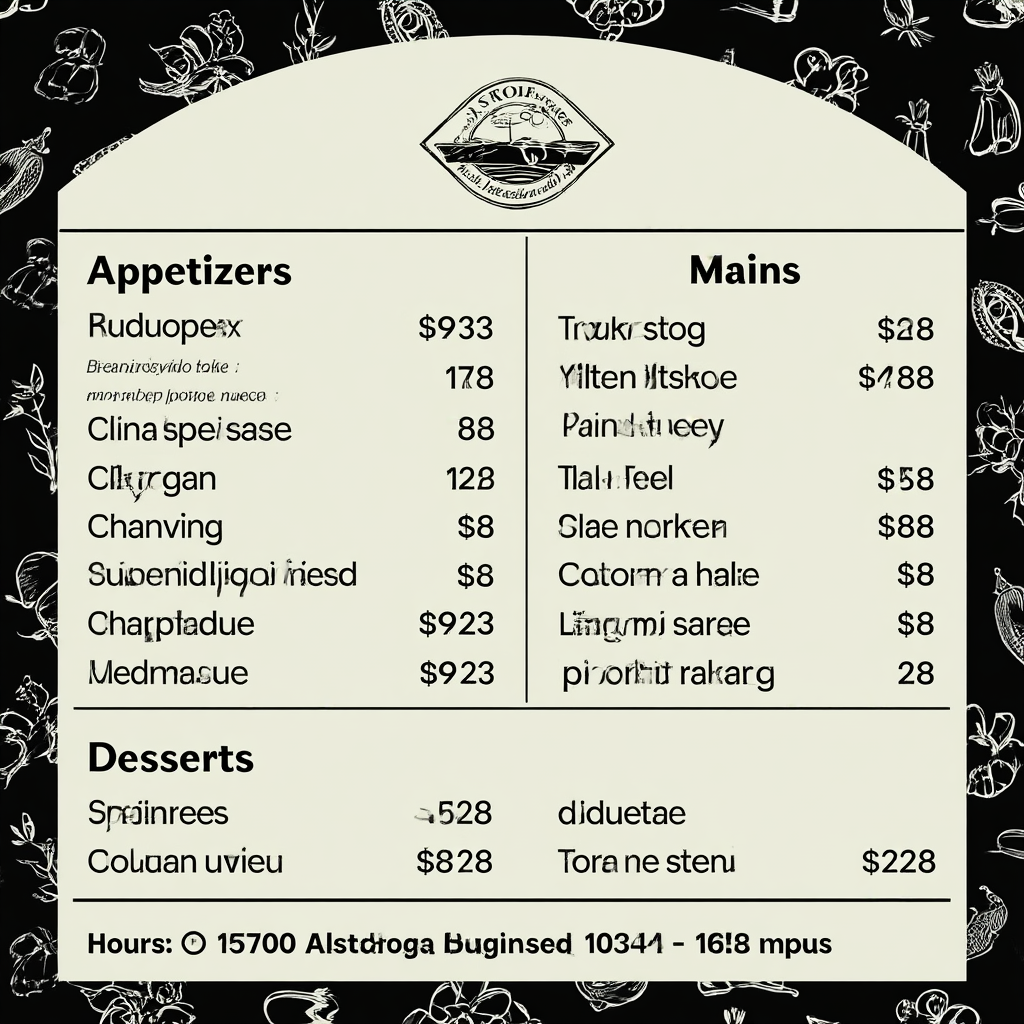 A restaurant menu layout with a logo header, three category 