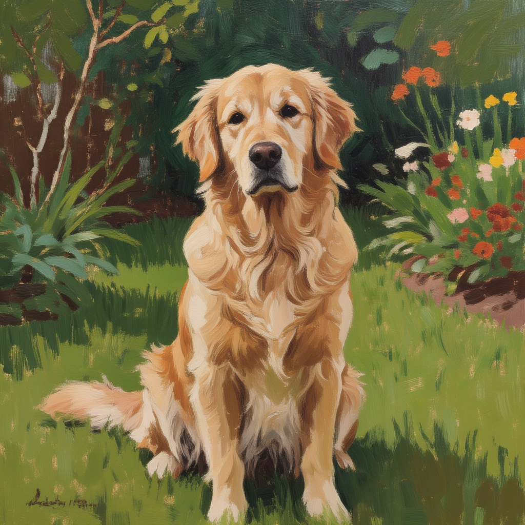 A golden retriever sitting in a garden, painted in the style