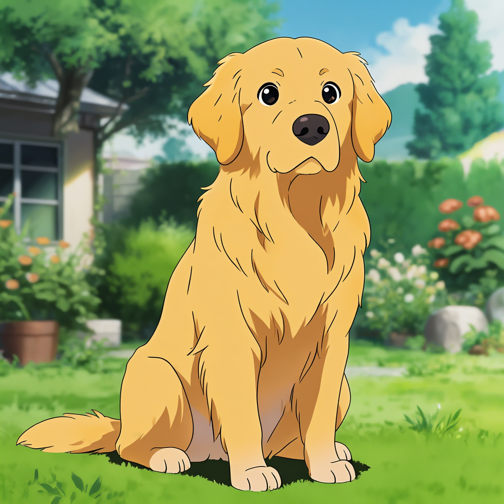 A golden retriever sitting in a garden, rendered in Japanese