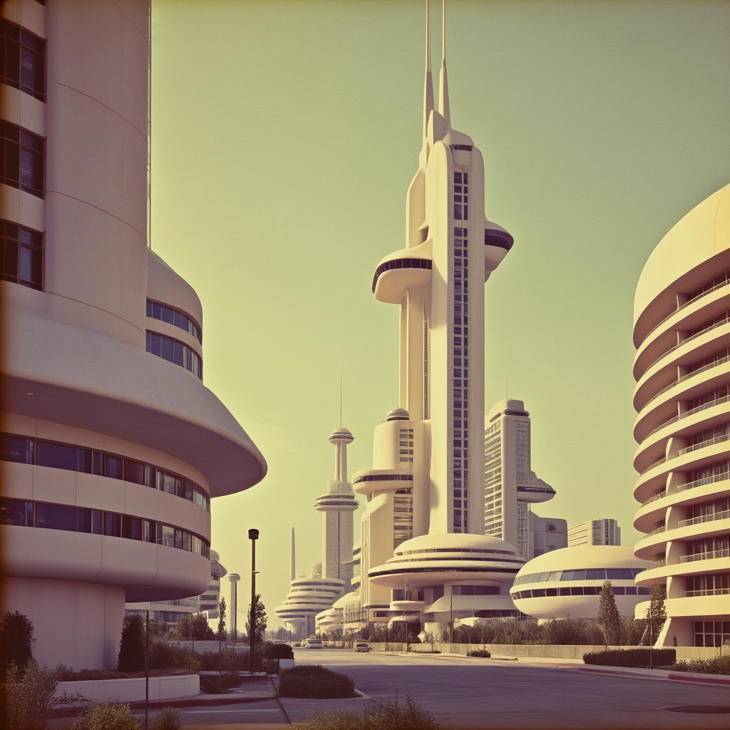 A cityscape rendered in nostalgic futurism — retro-futuristi