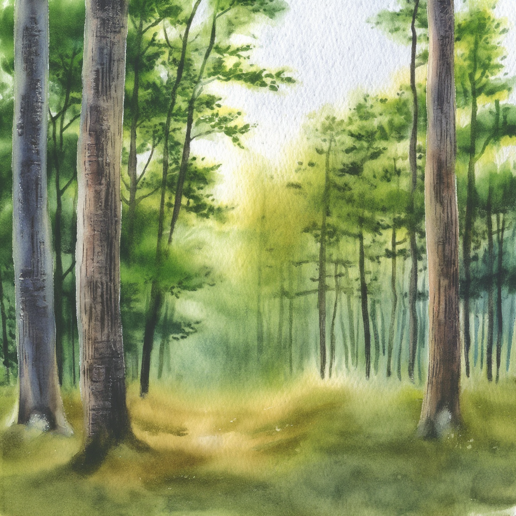 A forest rendered in photorealistic watercolor — the detail 