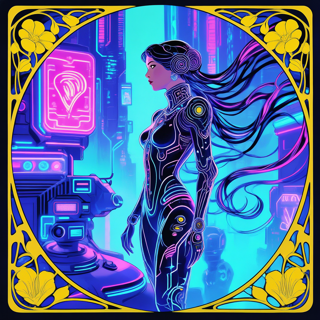 A woman in a futuristic city rendered in cyberpunk Art Nouve