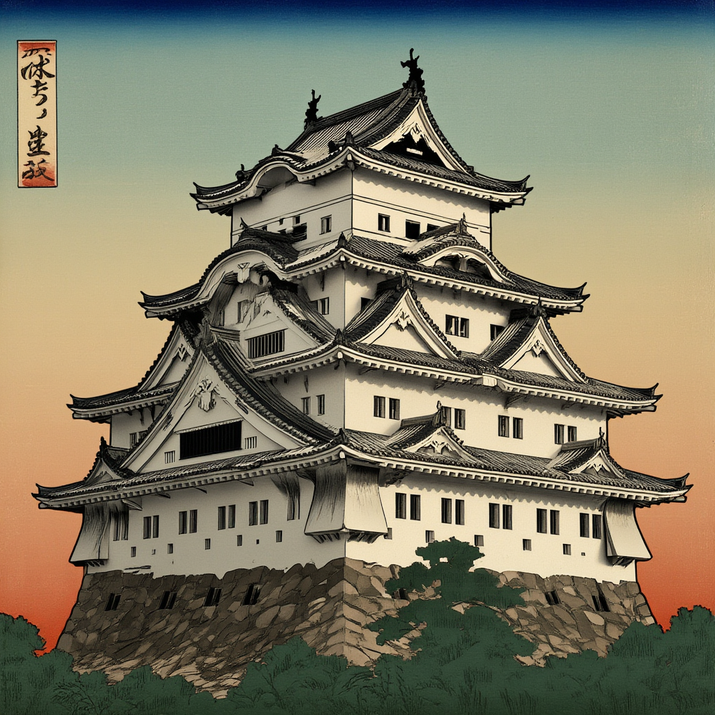 A medieval castle depicted in Japanese ukiyo-e woodblock pri