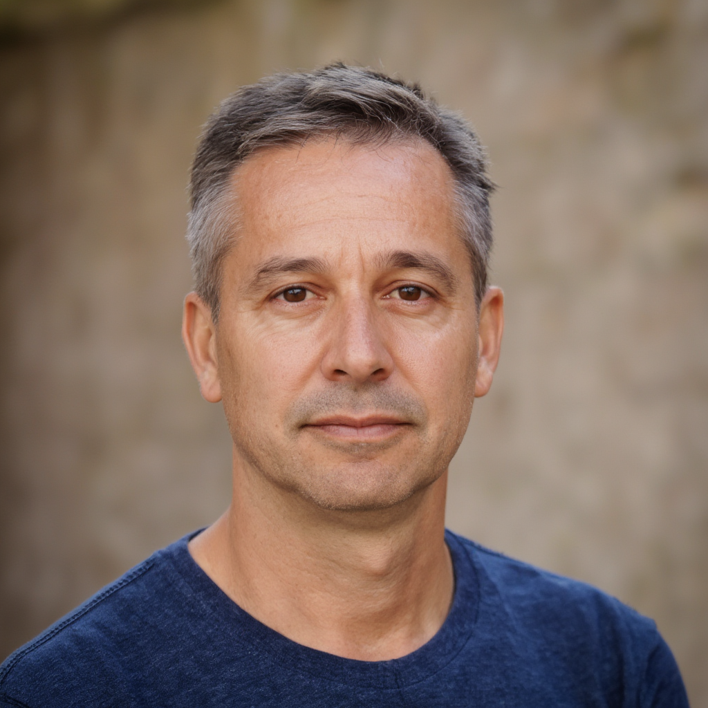 A portrait of a middle-aged man with a calm, serious express