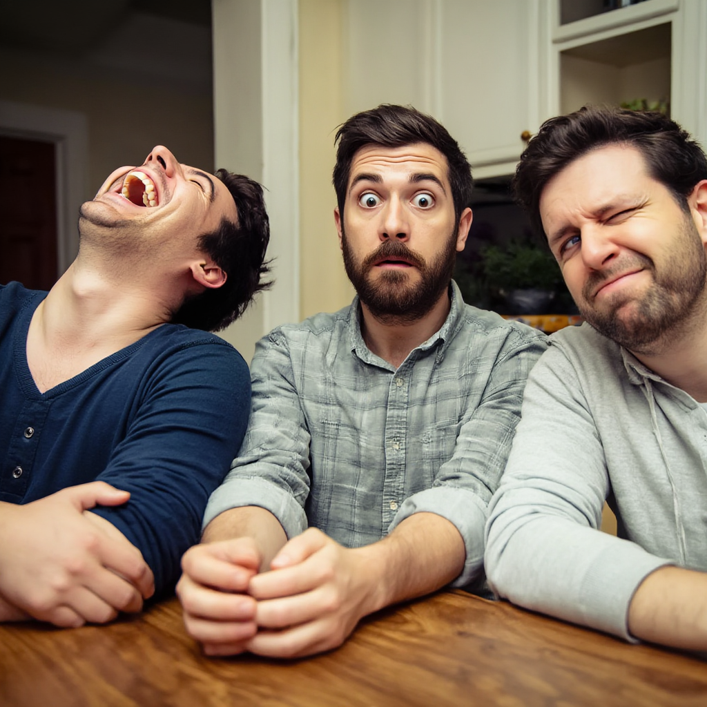 A group of three friends at a table: one laughing with head 