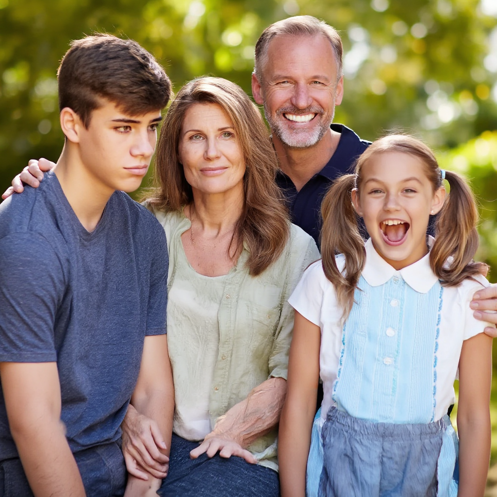 A family photo with four people: a father beaming with pride