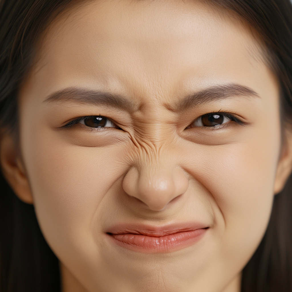 A close-up of a person's face showing clear disgust, nose wr