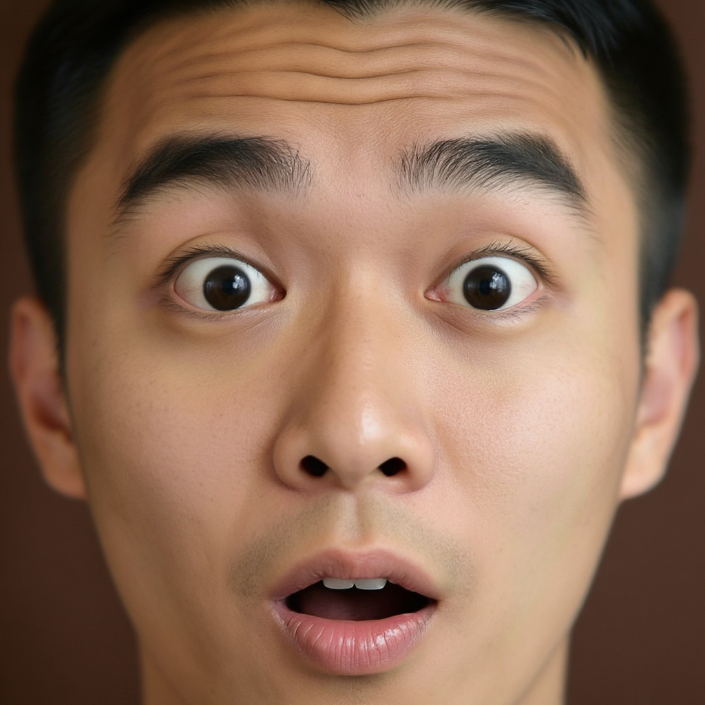 A portrait capturing genuine surprise — raised eyebrows, wid