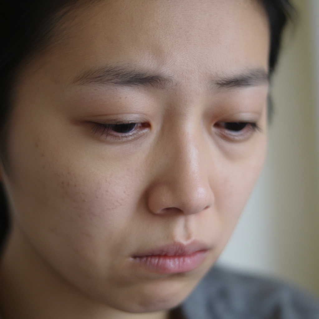 A face showing quiet melancholy — downcast eyes, slightly dr