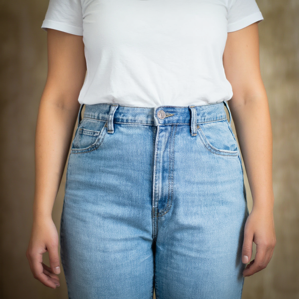 A woman standing upright in a relaxed pose, arms at her side