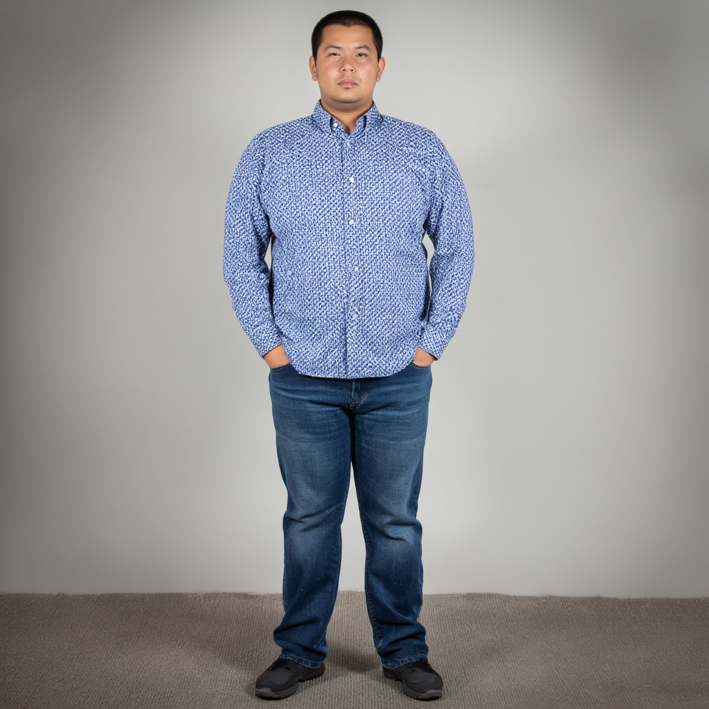 A man standing straight facing the camera, hands in pockets,