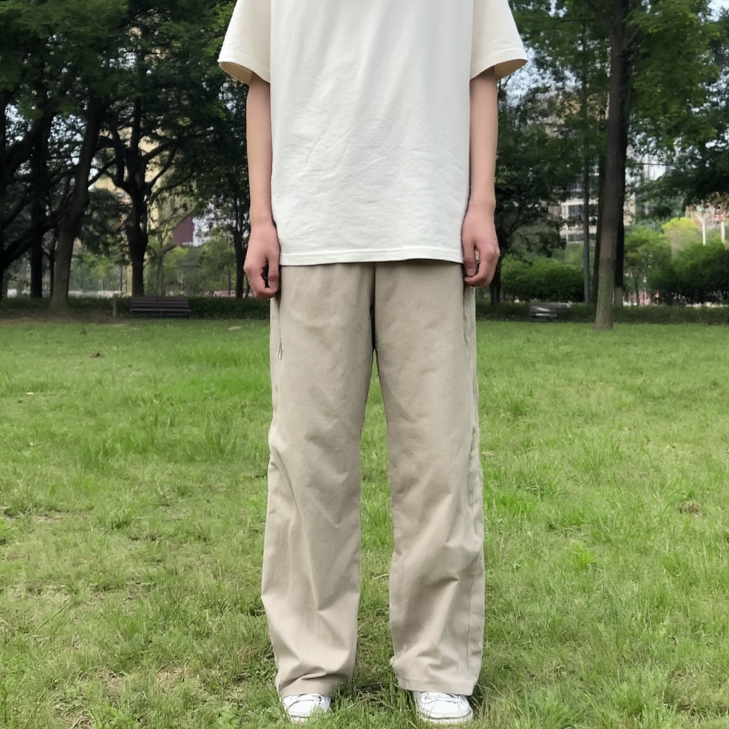 A person standing in a neutral pose in a park, full body vis
