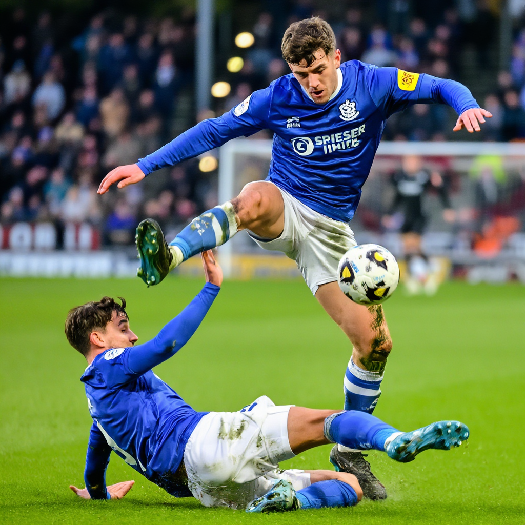 Two soccer players mid-tackle, one sliding and the other jum