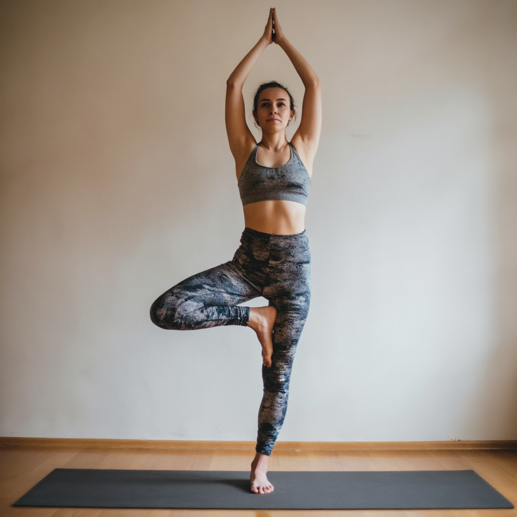 A person in a yoga tree pose — standing on one leg with the 
