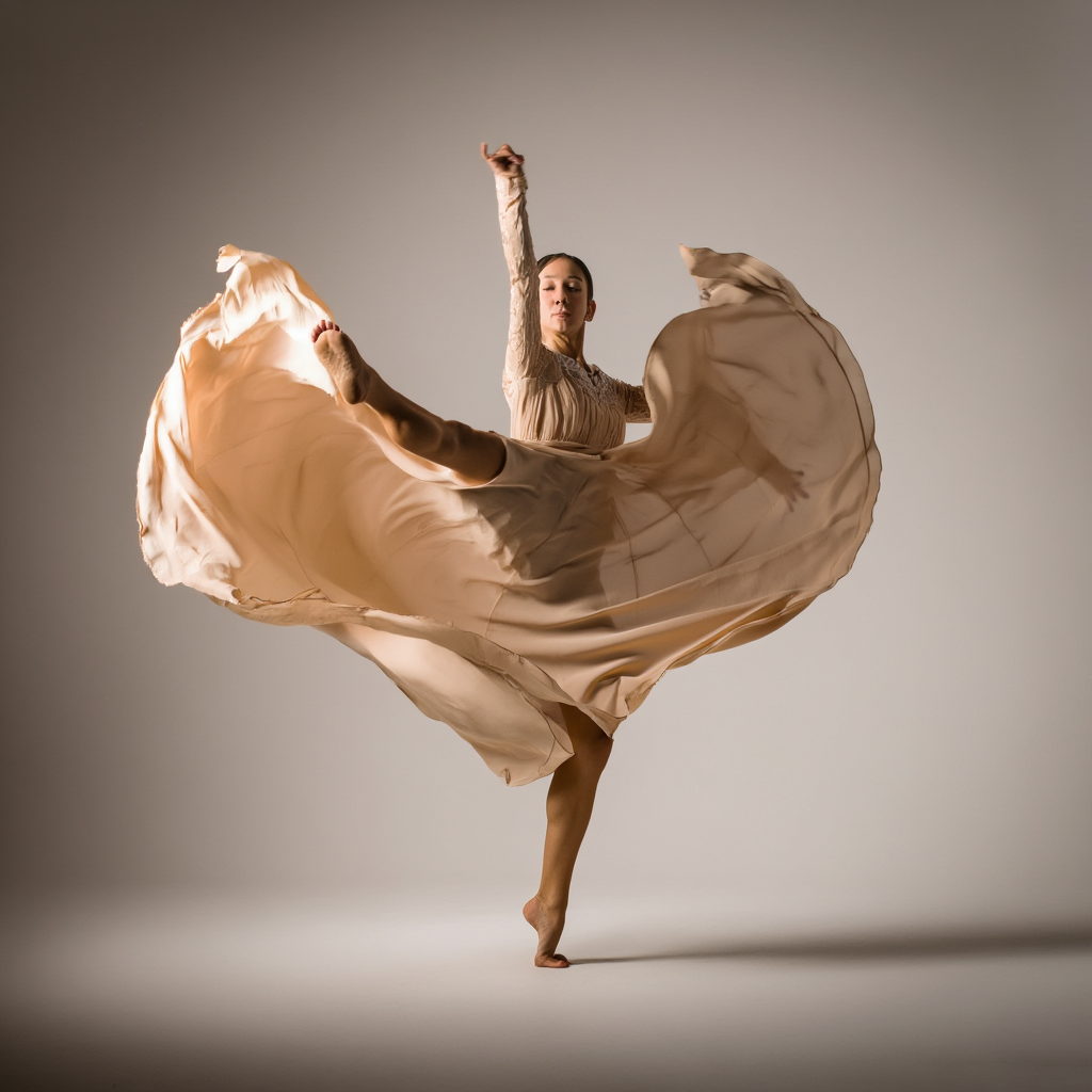 A dancer in a dynamic spin, dress flowing outward with one l