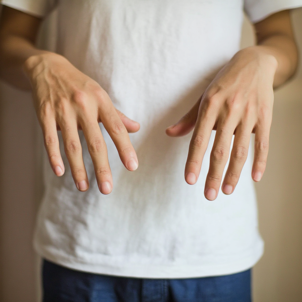 A person standing with both hands visible at their sides, fi