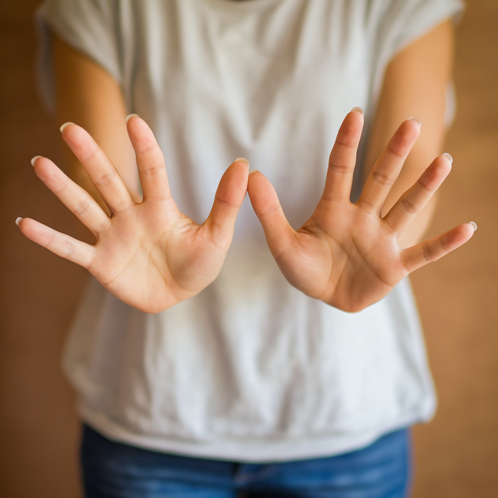 A woman holding her hands out in front of her palms-up, all 