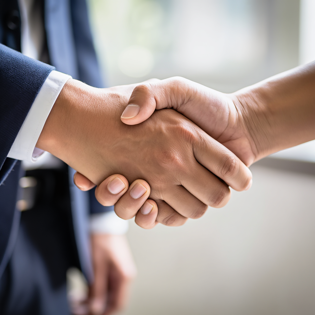 Two people shaking hands in a professional setting, all fing