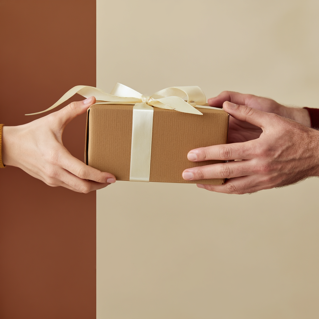 One person handing a small gift box to another person, both 