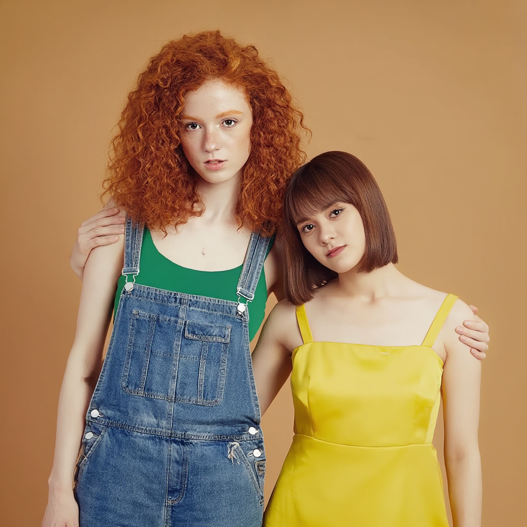 Two friends posing: one tall with curly red hair in denim ov