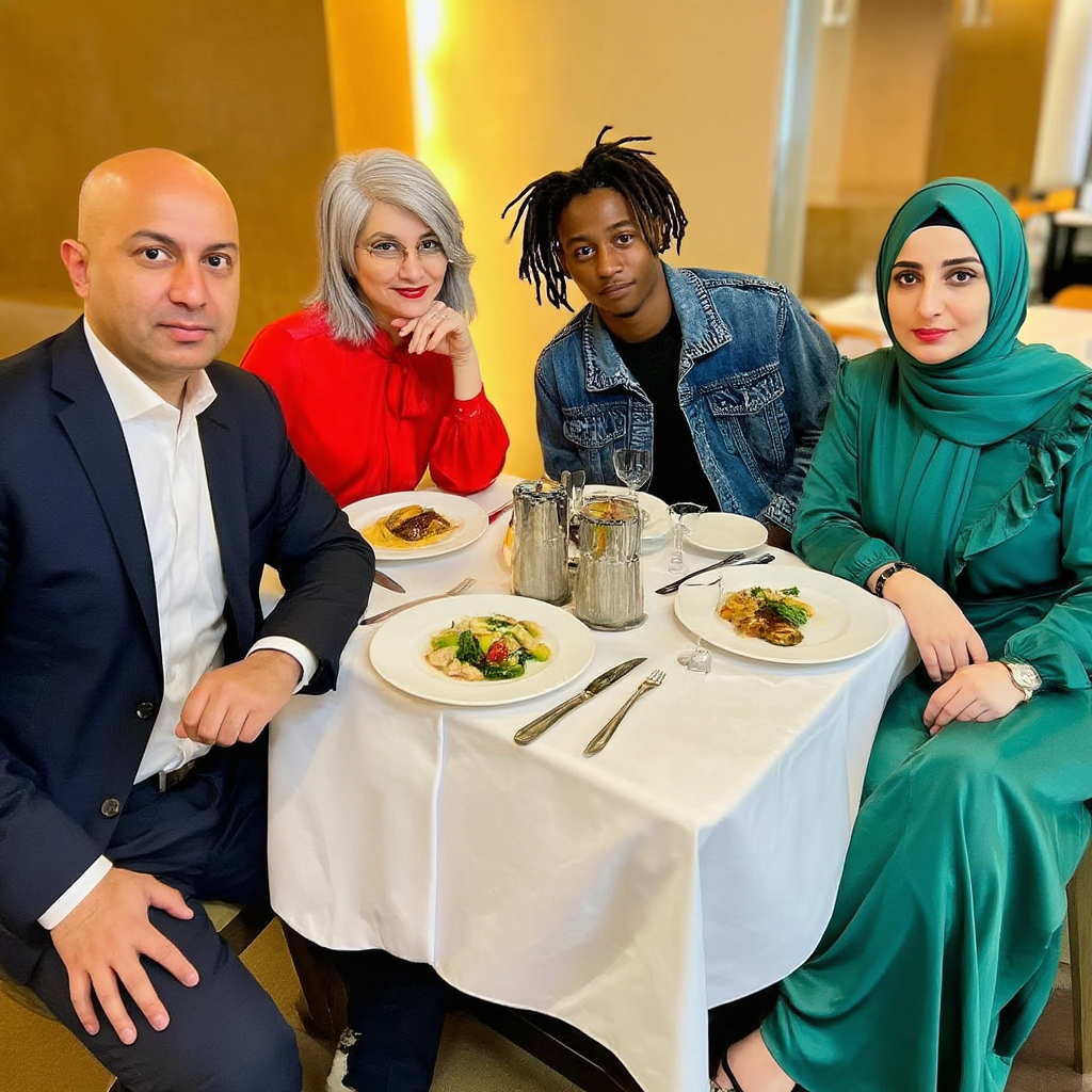 Four people at a dinner table: a bald man in a suit, a woman