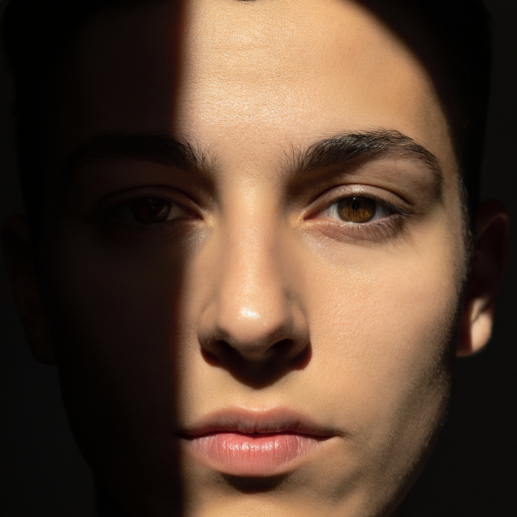 A portrait with dramatic split lighting — half the face brig
