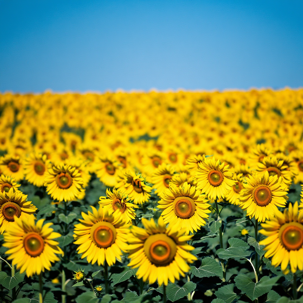 A field of pure sunflower yellow flowers under a clear blue 