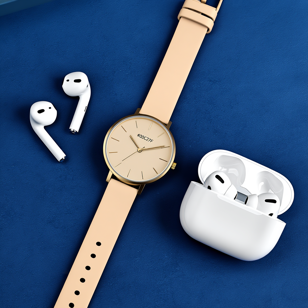A product flat-lay on a #1A1A2E (deep dark blue) background,