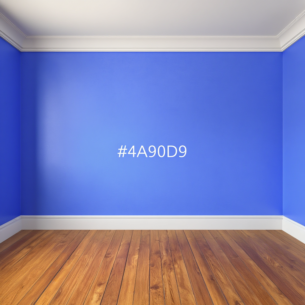A room with walls in #4A90D9 (medium blue) with warm wooden 