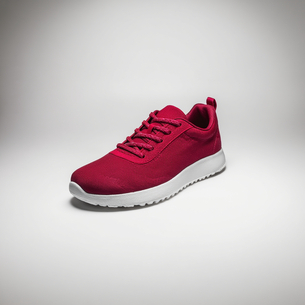 A single red sneaker on a clean white background with soft s