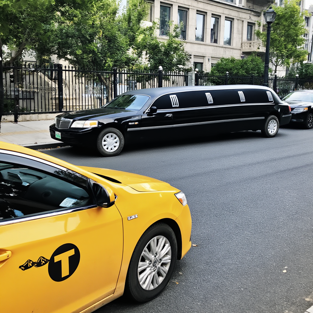 A yellow taxi and a black limousine parked next to each othe